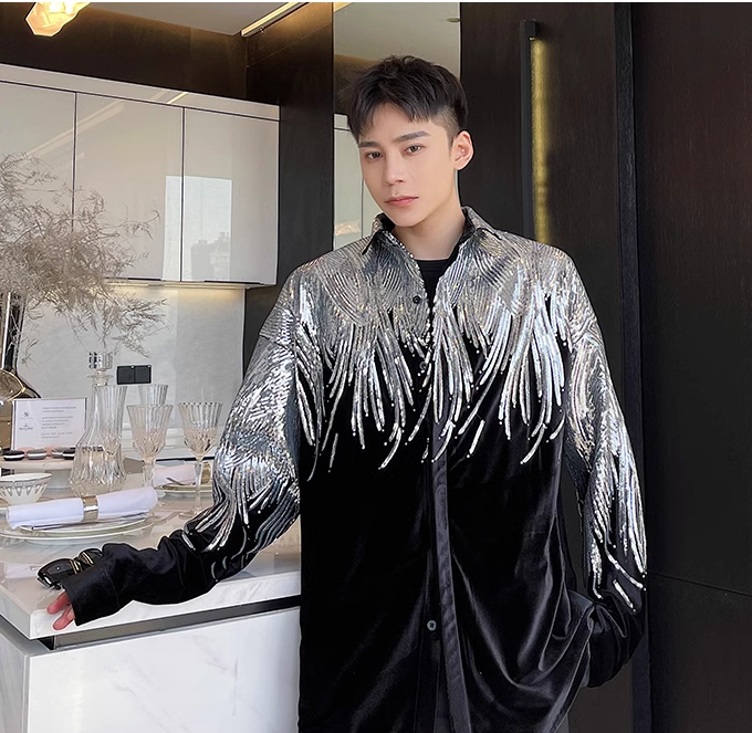 Silver Sequin Velvet Long Sleeve Shirt