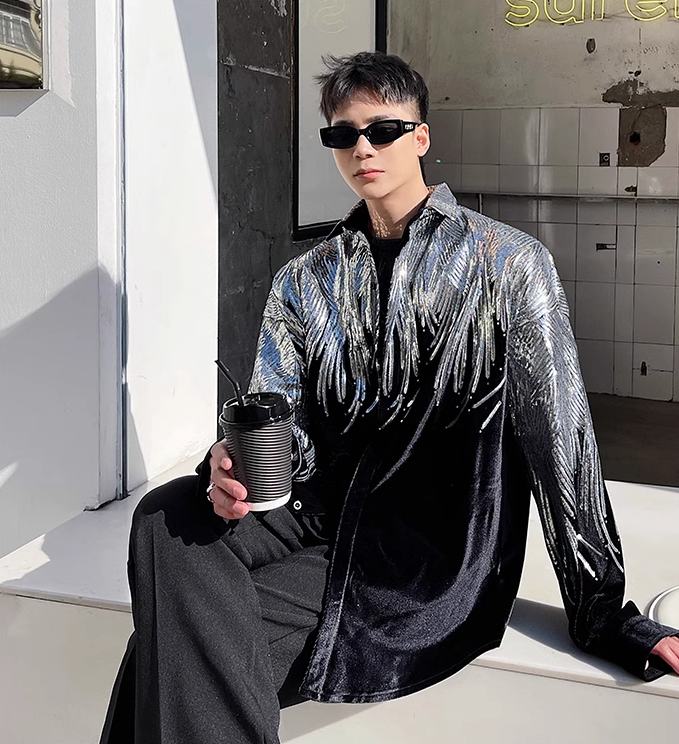 Silver Sequin Velvet Long Sleeve Shirt