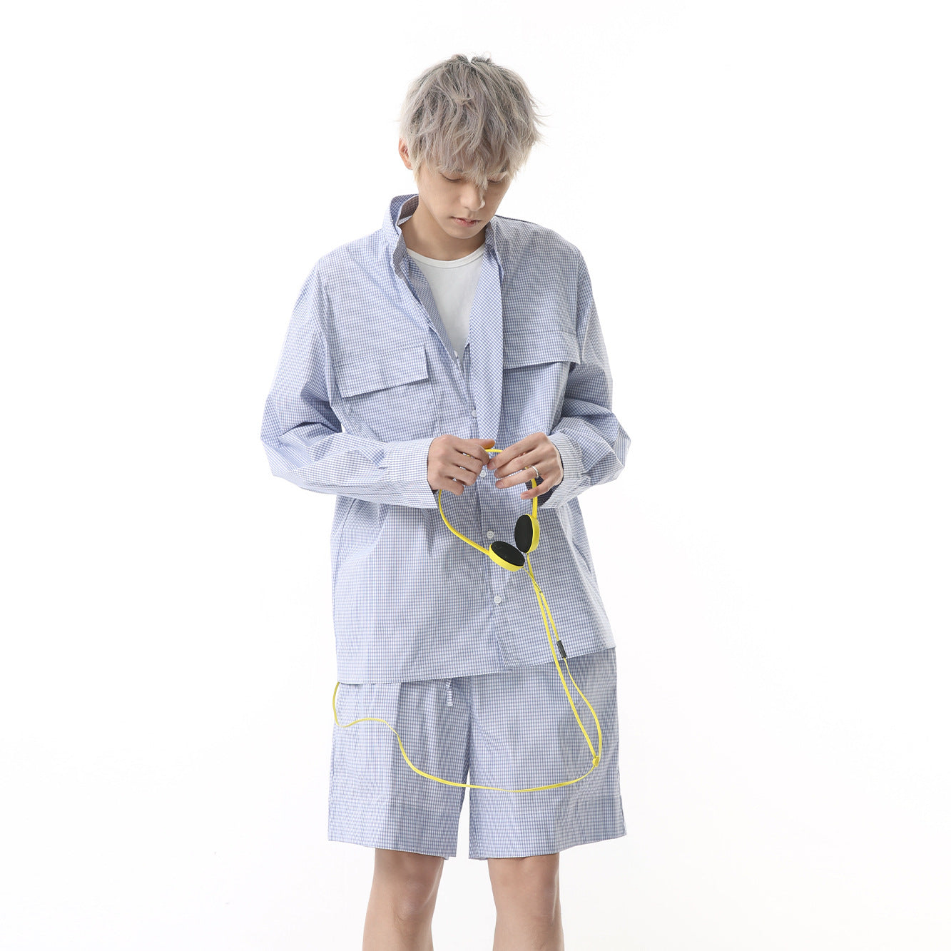 Small checkered long sleeve shirt casual pants!
