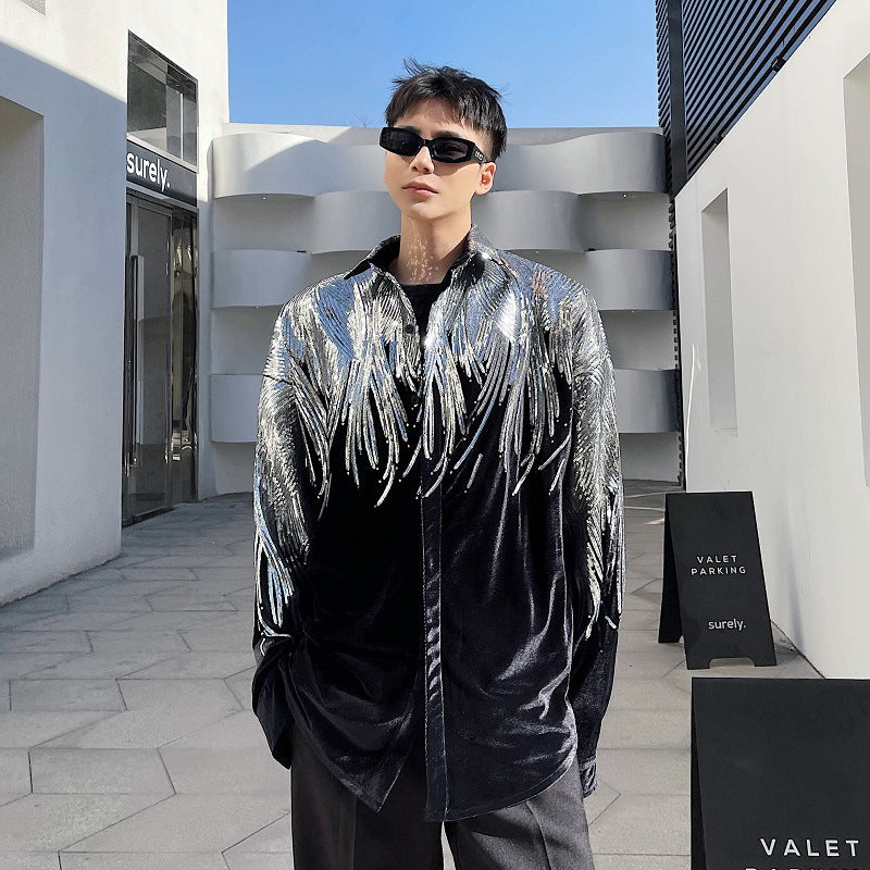 Silver Sequin Velvet Long Sleeve Shirt