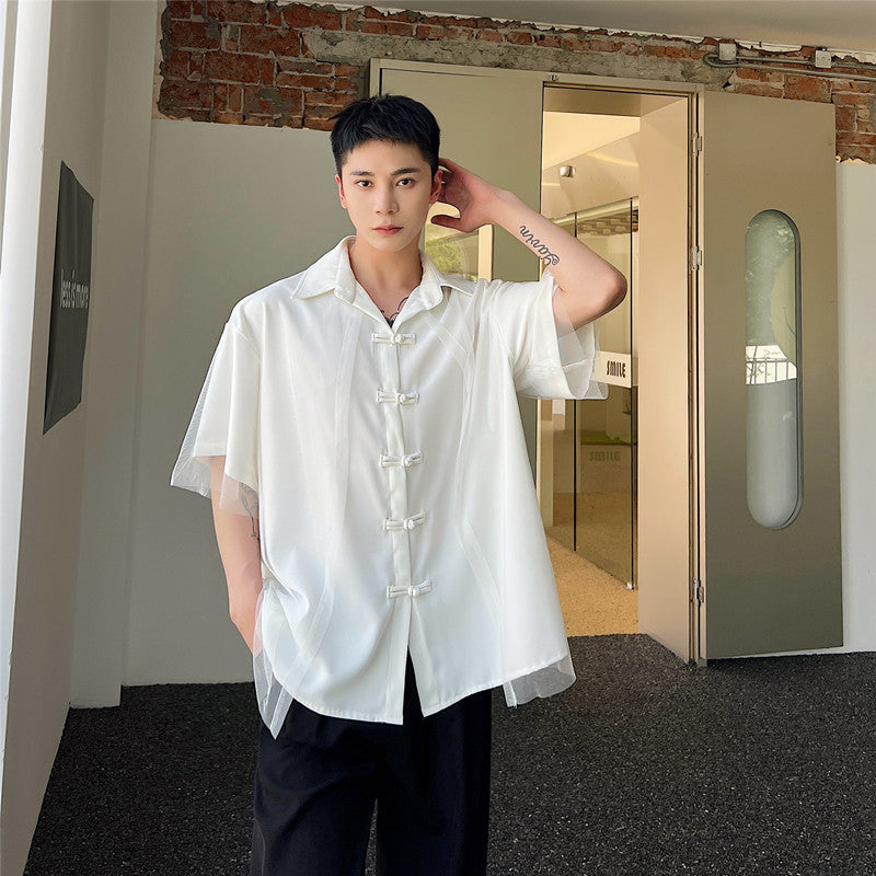 Layered collar, button lapel, short sleeves!