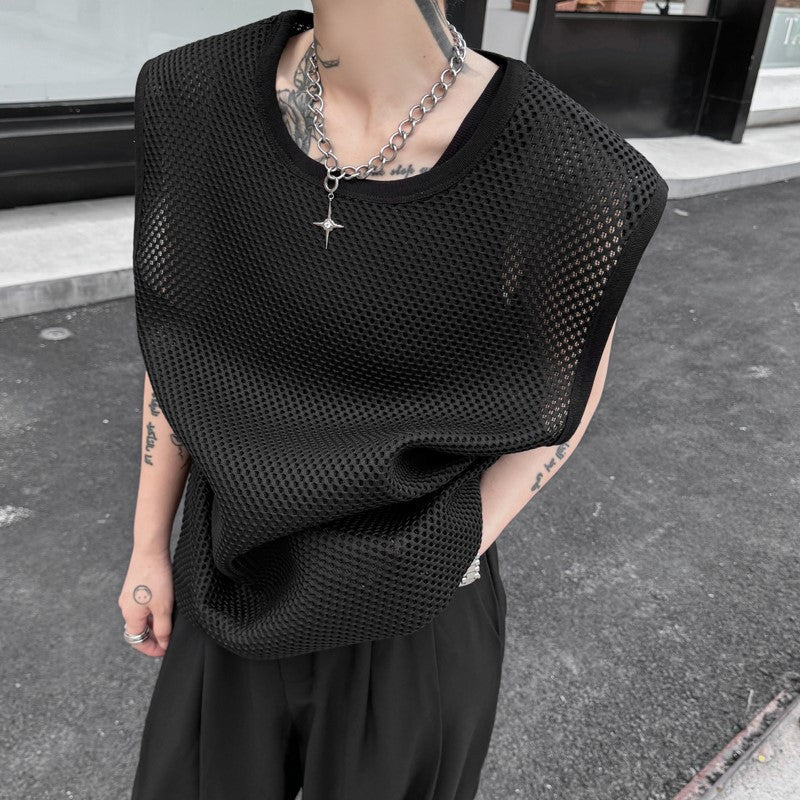 Designed openwork mesh loose silhouette sleeveless t-shirt!