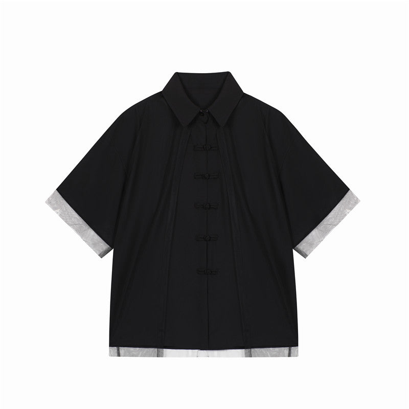 Layered collar, button lapel, short sleeves!