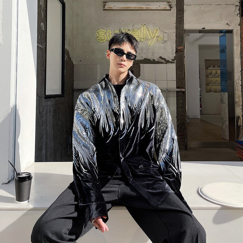Silver Sequin Velvet Long Sleeve Shirt