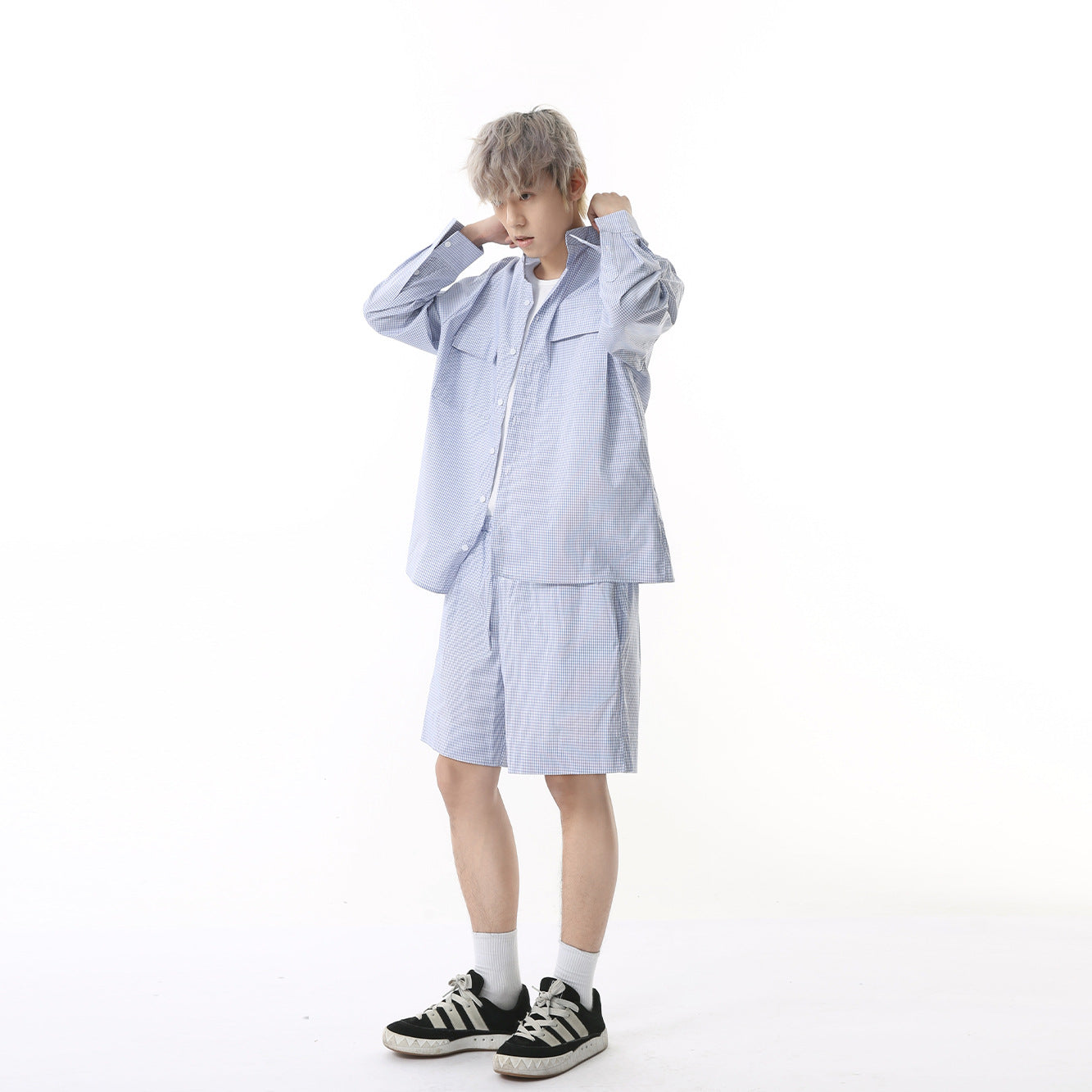 Small checkered long sleeve shirt casual pants!