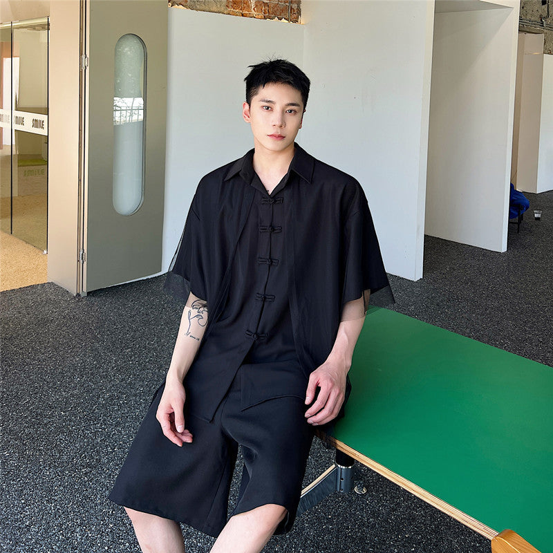 Layered collar, button lapel, short sleeves!