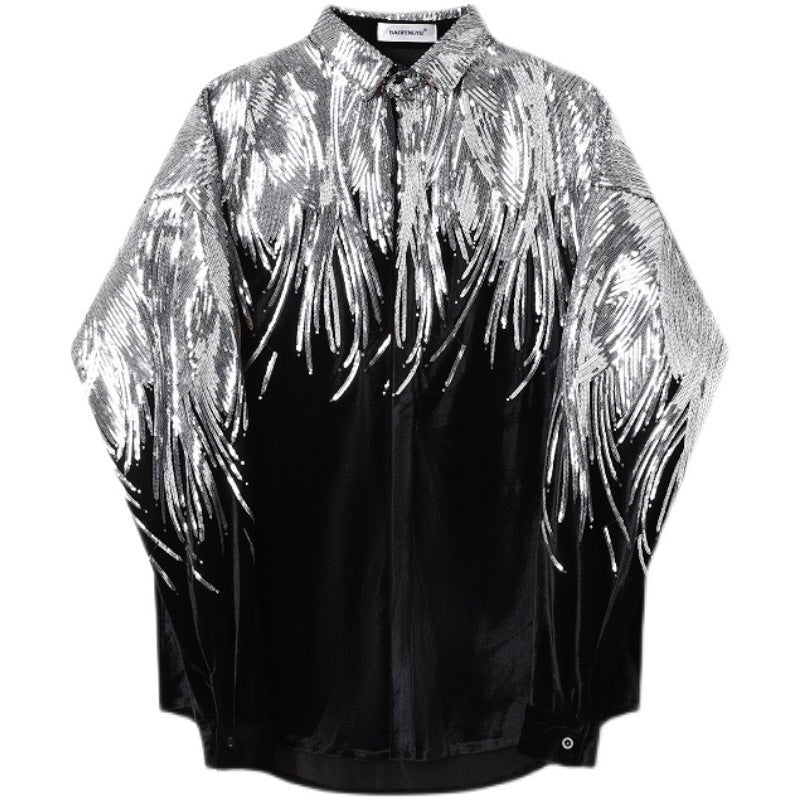 Silver Sequin Velvet Long Sleeve Shirt
