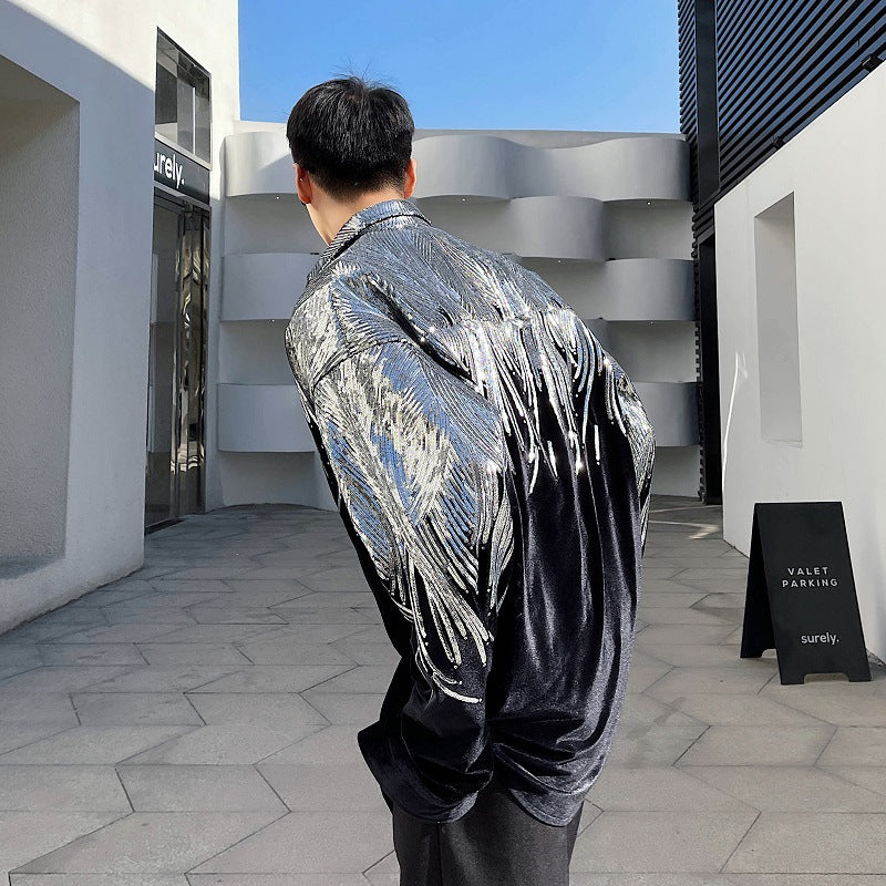 Silver Sequin Velvet Long Sleeve Shirt