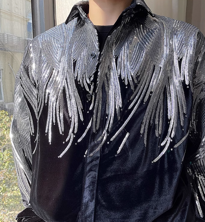 Silver Sequin Velvet Long Sleeve Shirt