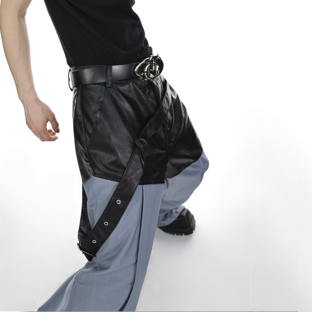 bicolor diagonal belt design pants