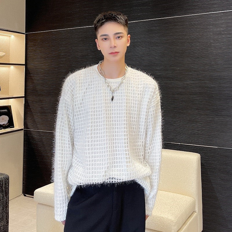 Silk wool woven check pattern crew neck sweatshirt