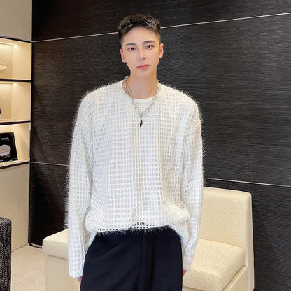 Silk wool woven check pattern crew neck sweatshirt
