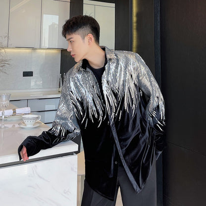 Silver Sequin Velvet Long Sleeve Shirt