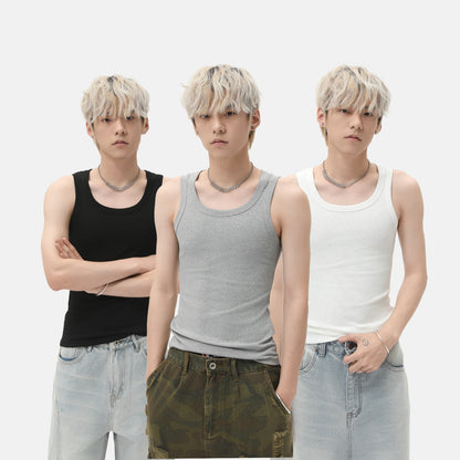 Solid Color Casual Rib Slim Sleeveless Pullover Vest！