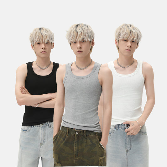 Solid Color Casual Rib Slim Sleeveless Pullover Vest！