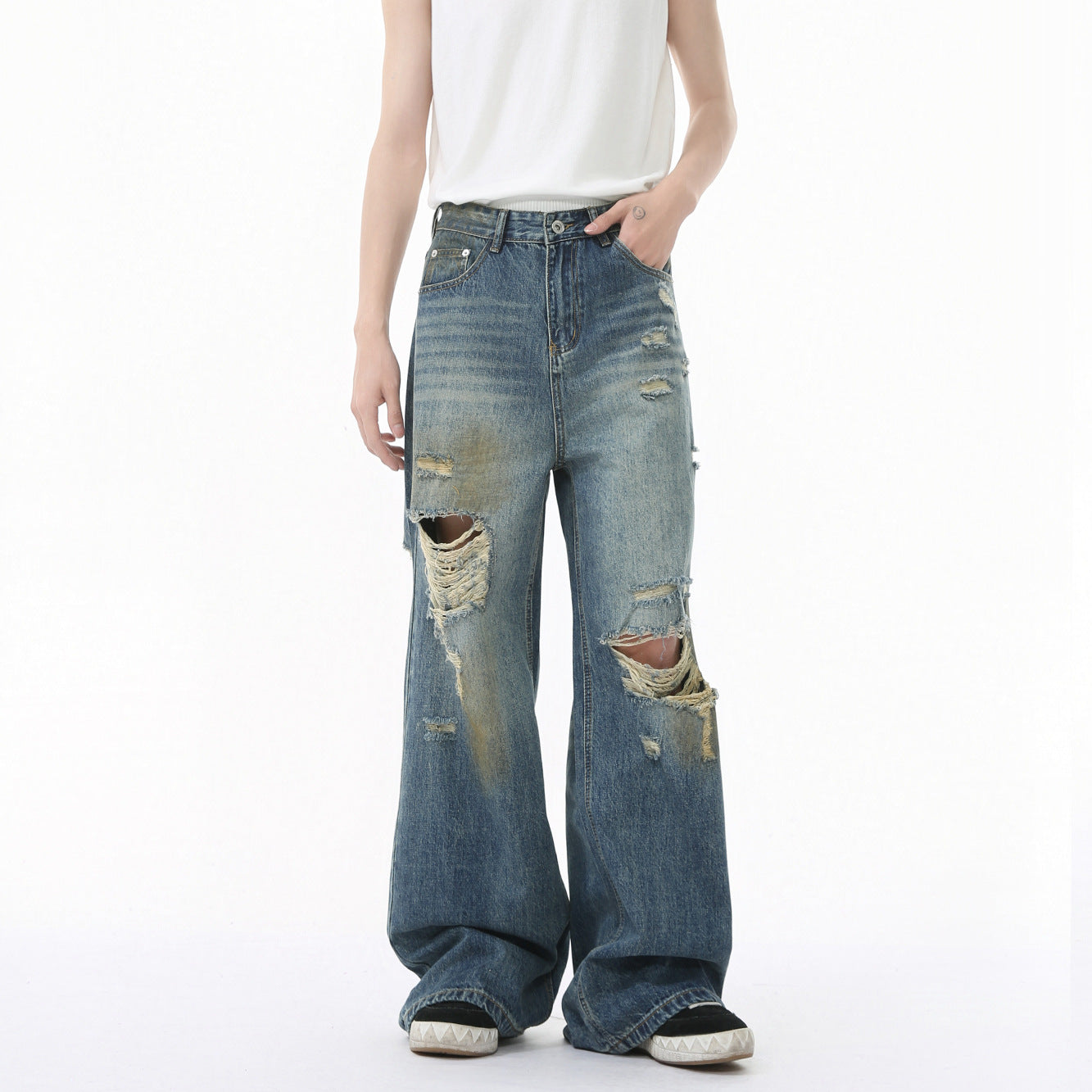 Vintage style distressed wide denim pants！