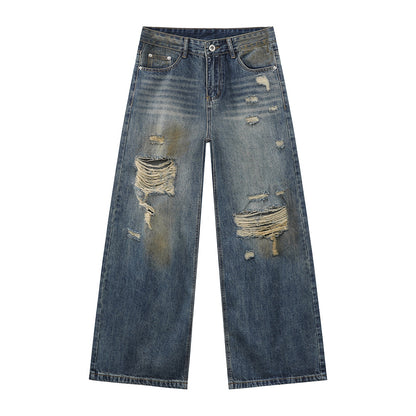 Vintage style distressed wide denim pants！