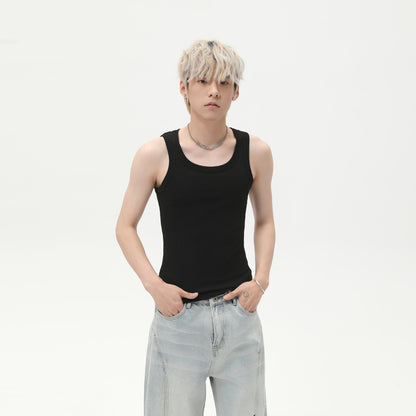 Solid Color Casual Rib Slim Sleeveless Pullover Vest！