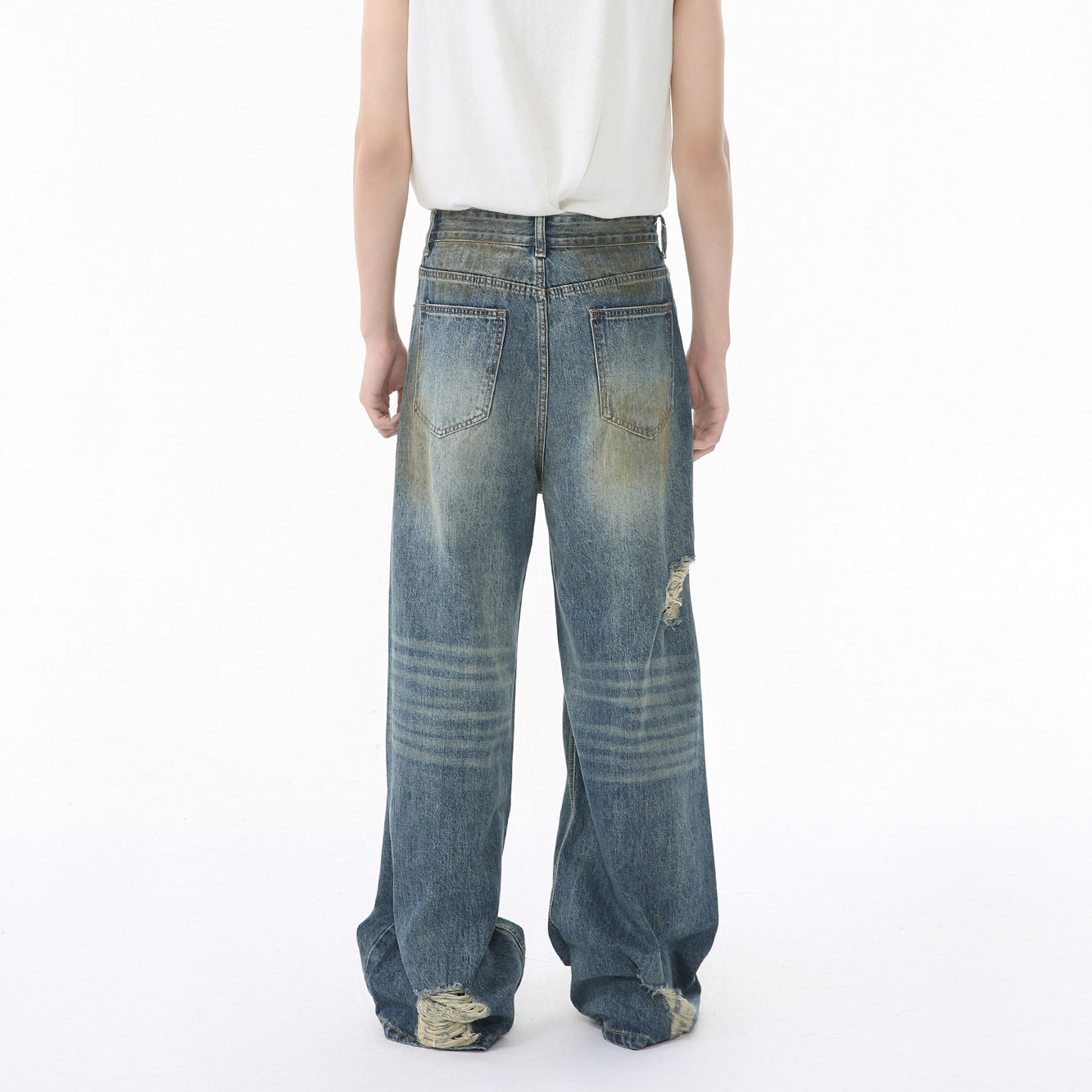 Vintage style distressed wide denim pants！