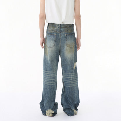 Vintage style distressed wide denim pants！
