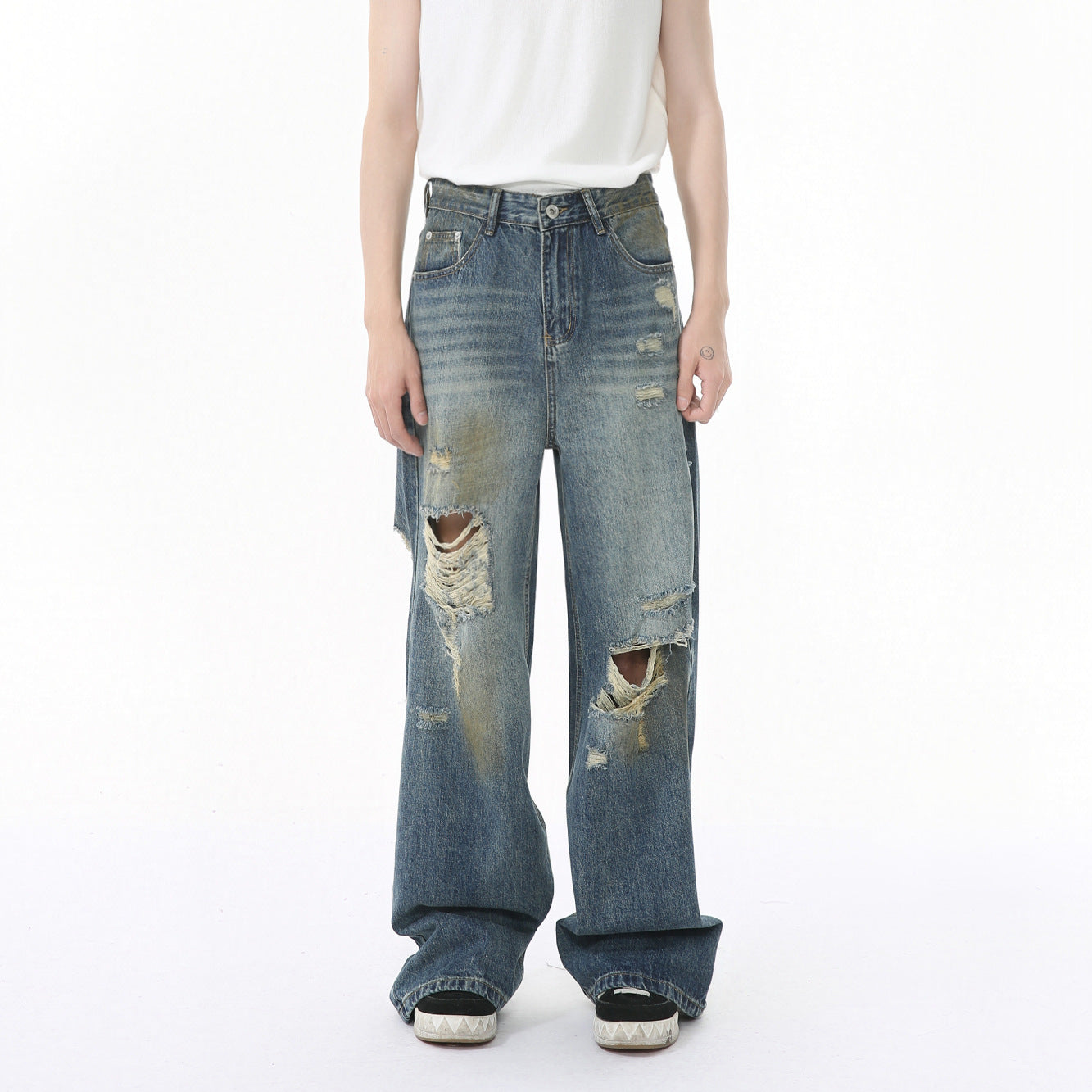 Vintage style distressed wide denim pants！