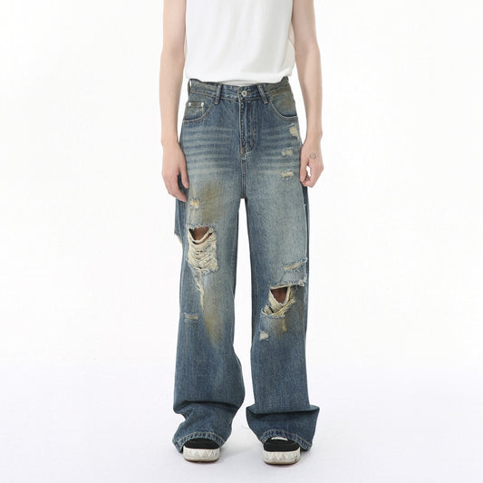 Vintage style distressed wide denim pants！