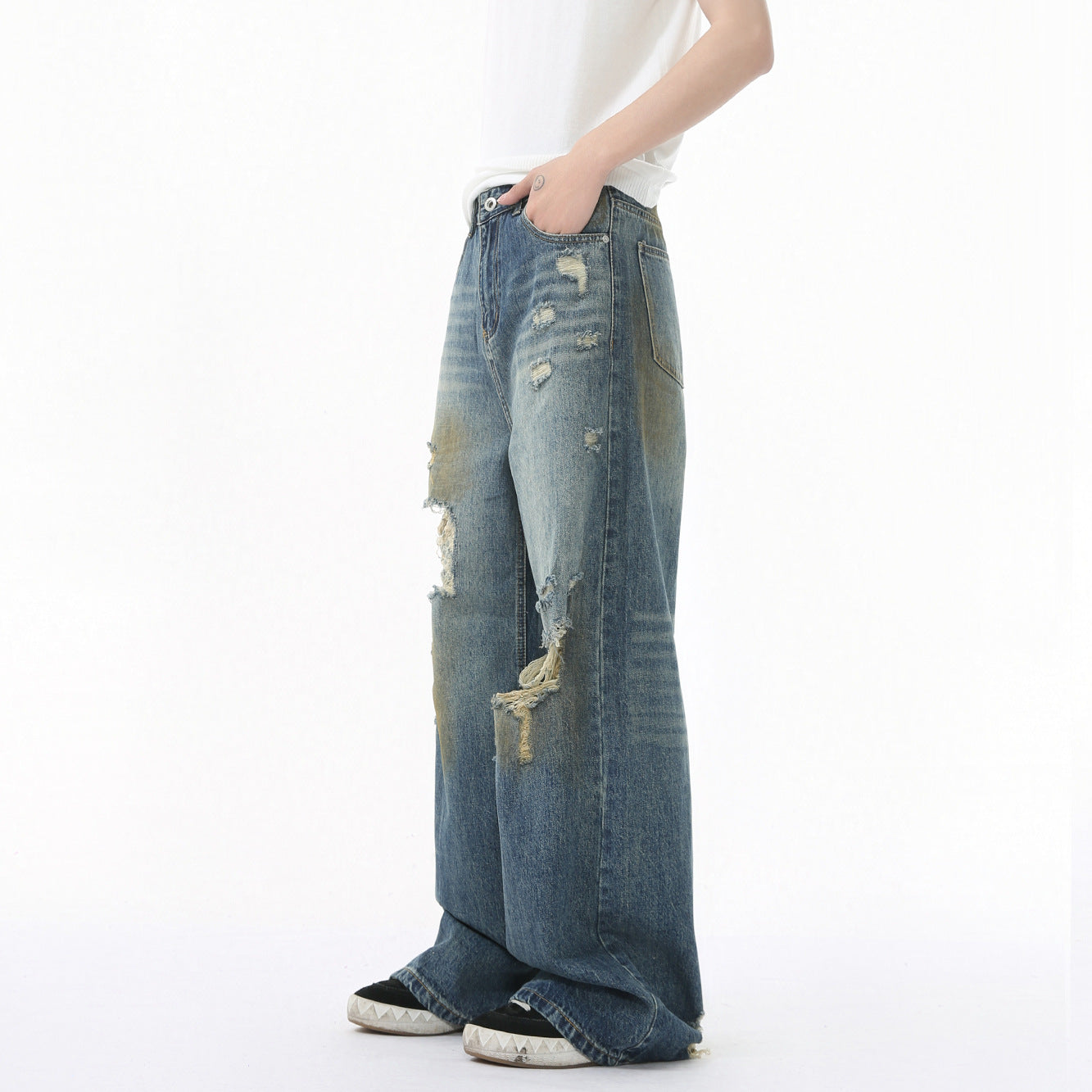 Vintage style distressed wide denim pants！